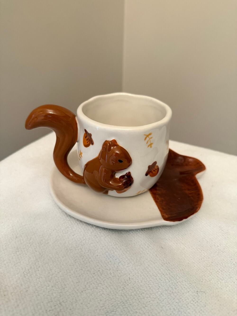 3D Cartoon Squirrel Mug with Hand Painted Acorns Ceramic Mug & Saucer Set, New